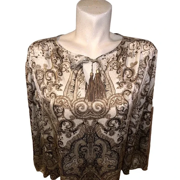 Chicos Women Brown Cream Paisley Tassel Tie Split Neck Blouse Top Size (3) XL - Picture 2 of 9